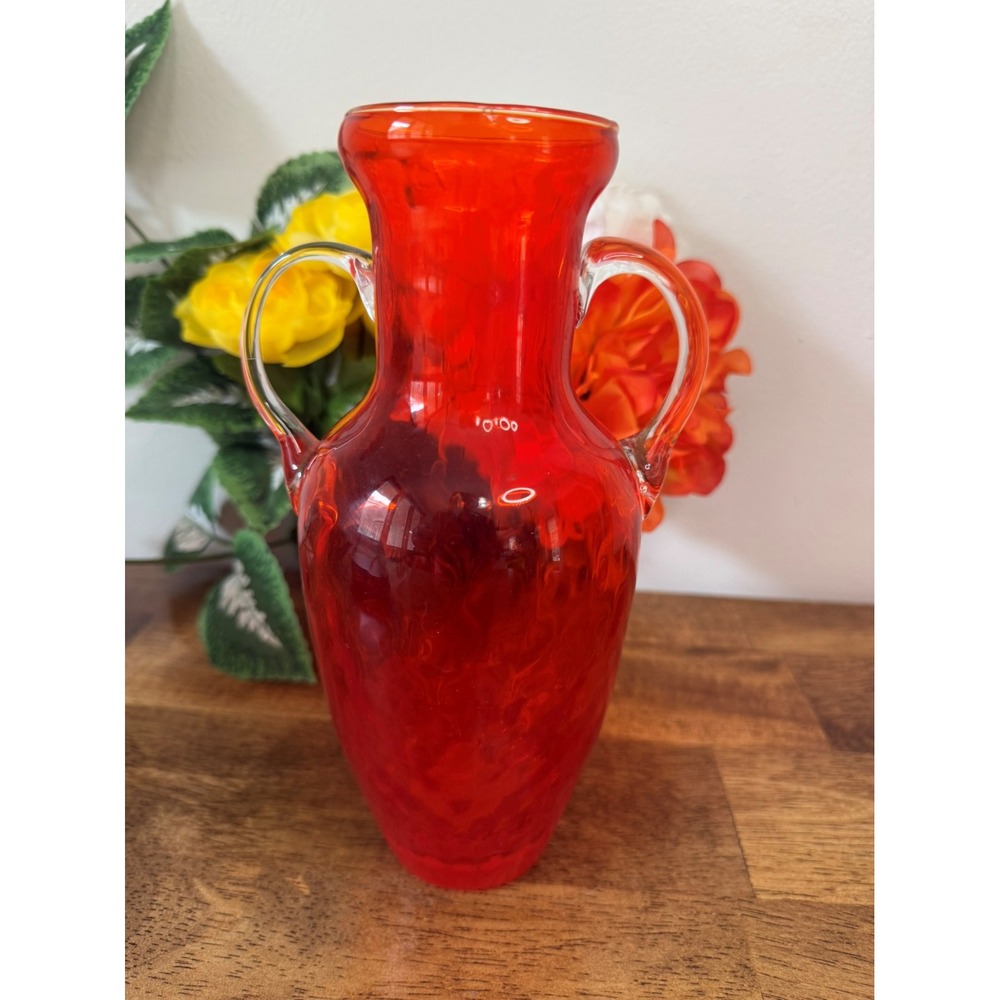 Murano Hand Blown Orange Red Art Glass Vase Clear‎ Handles